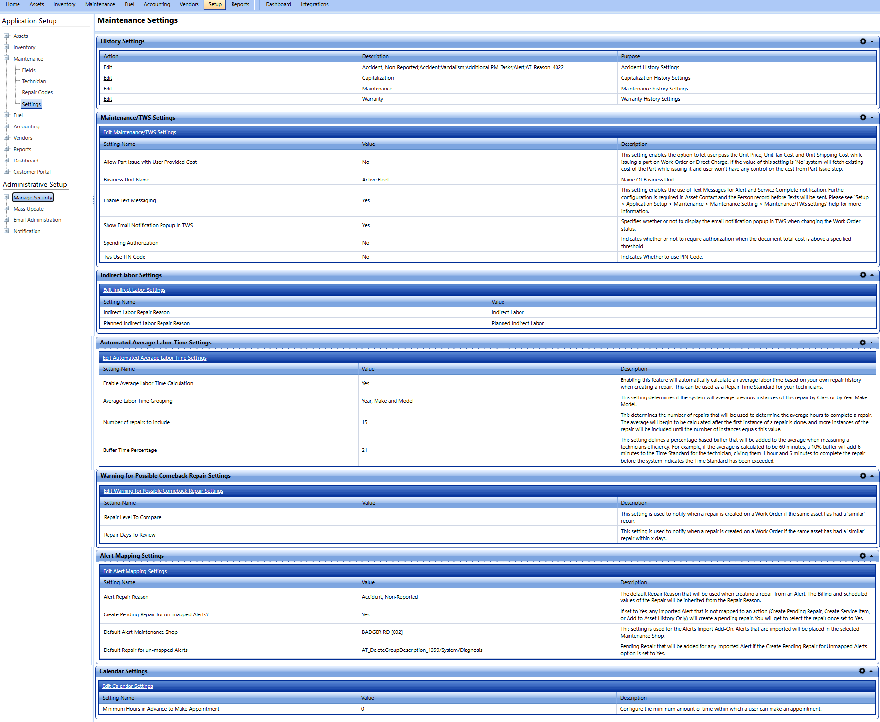 Maintenance settings page